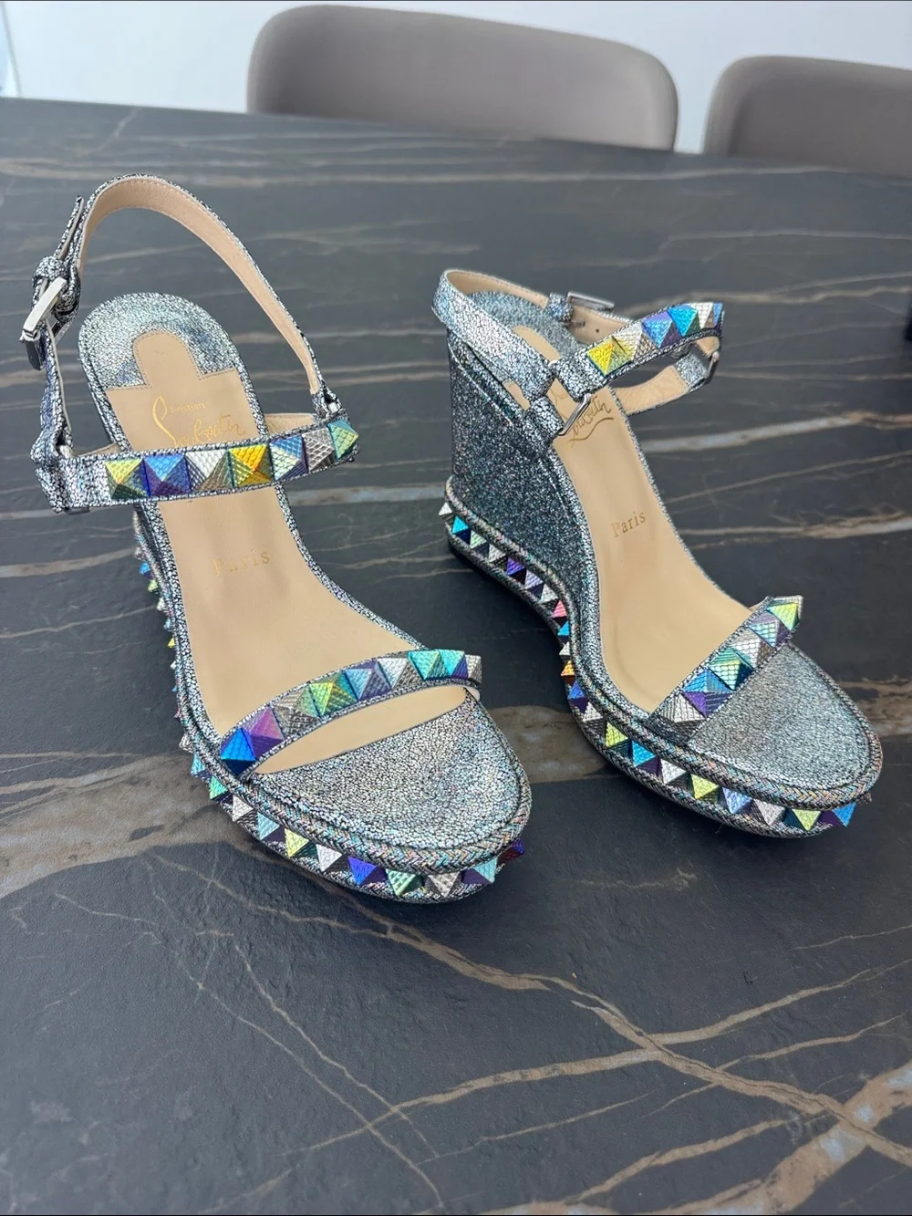 Christian Louboutin Iridescent Silver Wedge Sandals with Multicolor Studs